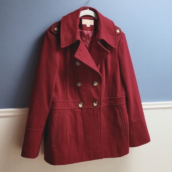 MICHAEL KORS Womens Pea Coat Wool Blend Double Breasted Red Sz Large - Picture 2 of 9